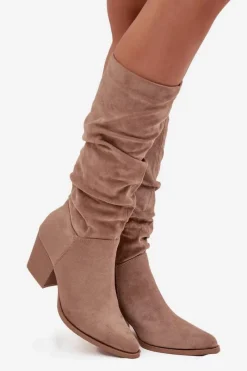 Discount Kozaki Damskie Z Marszczoną Cholewką Na Słupku Ocieplane Beżowe Paelina Damskie Kozaki Na Słupku|Kozaki Przed Kolano