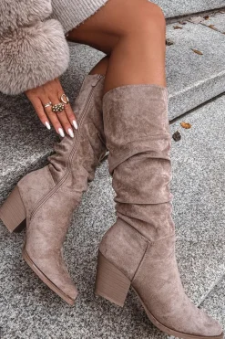 Discount Kozaki Damskie Z Marszczoną Cholewką Na Słupku Ocieplane Beżowe Paelina Damskie Kozaki Na Słupku|Kozaki Przed Kolano