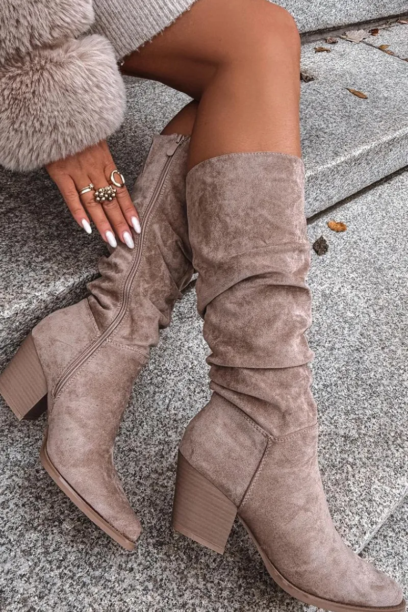 Discount Kozaki Damskie Z Marszczoną Cholewką Na Słupku Ocieplane Beżowe Paelina Damskie Kozaki Na Słupku|Kozaki Przed Kolano