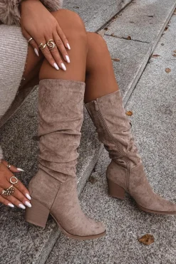 Discount Kozaki Damskie Z Marszczoną Cholewką Na Słupku Ocieplane Beżowe Paelina Damskie Kozaki Na Słupku|Kozaki Przed Kolano