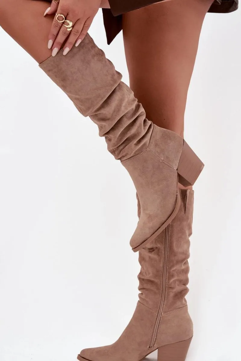 Discount Kozaki Damskie Z Marszczoną Cholewką Na Słupku Ocieplane Beżowe Paelina Damskie Kozaki Na Słupku|Kozaki Przed Kolano