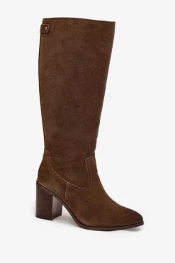 Best Kozaki Damskie Z Naturalnego Zamszu Ocieplane Obcas Słupek Sergio Leone KZ25668-S Oliwkowe Damskie Kozaki Ocieplane|Kozaki Na Słupku