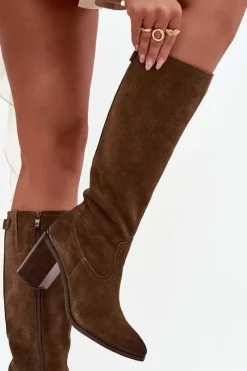 Best Kozaki Damskie Z Naturalnego Zamszu Ocieplane Obcas Słupek Sergio Leone KZ25668-S Oliwkowe Damskie Kozaki Ocieplane|Kozaki Na Słupku