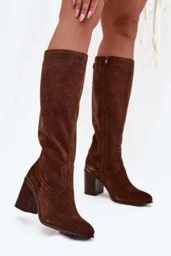 Discount Kozaki Damskie Z Naturalnego Zamszu Ocieplane Obcas Słupek Sergio Leone KZ25668-S Brązowe Damskie Kozaki Ocieplane|Kozaki Na Słupku