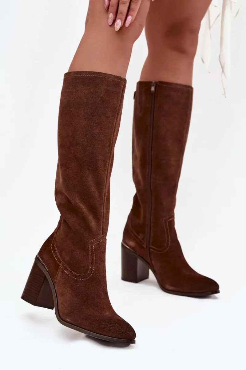 Discount Kozaki Damskie Z Naturalnego Zamszu Ocieplane Obcas Słupek Sergio Leone KZ25668-S Brązowe Damskie Kozaki Ocieplane|Kozaki Na Słupku