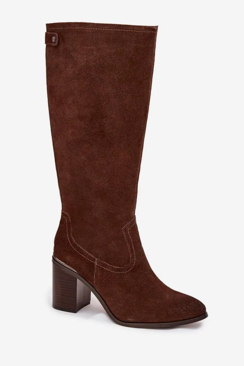 Discount Kozaki Damskie Z Naturalnego Zamszu Ocieplane Obcas Słupek Sergio Leone KZ25668-S Brązowe Damskie Kozaki Ocieplane|Kozaki Na Słupku