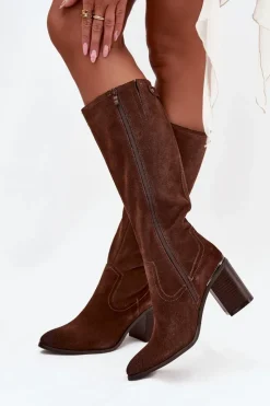 Discount Kozaki Damskie Z Naturalnego Zamszu Ocieplane Obcas Słupek Sergio Leone KZ25668-S Brązowe Damskie Kozaki Ocieplane|Kozaki Na Słupku