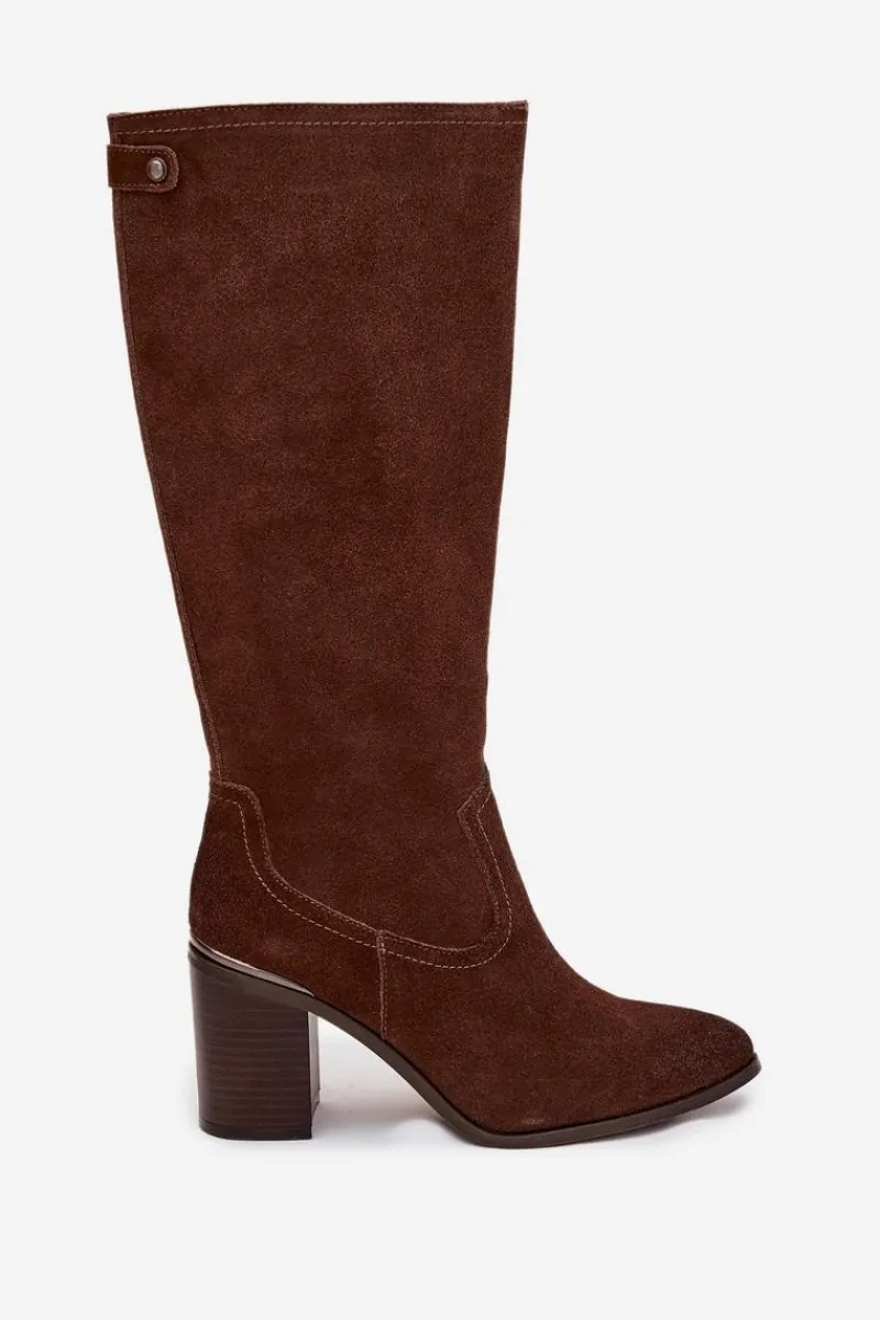 Discount Kozaki Damskie Z Naturalnego Zamszu Ocieplane Obcas Słupek Sergio Leone KZ25668-S Brązowe Damskie Kozaki Ocieplane|Kozaki Na Słupku