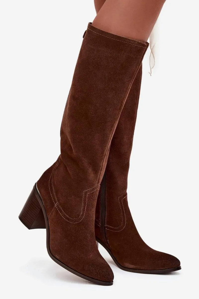 Discount Kozaki Damskie Z Naturalnego Zamszu Ocieplane Obcas Słupek Sergio Leone KZ25668-S Brązowe Damskie Kozaki Ocieplane|Kozaki Na Słupku