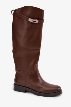 Kozaki Ocieplane|Muszkieterki></noscript>Boto Kozaki Damskie Z Ozdobnym Paskiem Eko Skórzane Czekoladowe Palisse