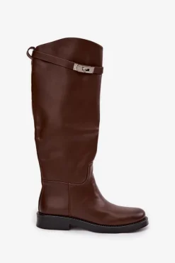Kozaki Ocieplane|Muszkieterki></noscript>Boto Kozaki Damskie Z Ozdobnym Paskiem Eko Skórzane Czekoladowe Palisse