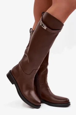 Kozaki Ocieplane|Muszkieterki></noscript>Boto Kozaki Damskie Z Ozdobnym Paskiem Eko Skórzane Czekoladowe Palisse