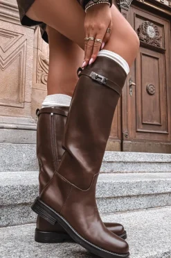 Kozaki Ocieplane|Muszkieterki></noscript>Boto Kozaki Damskie Z Ozdobnym Paskiem Eko Skórzane Czekoladowe Palisse