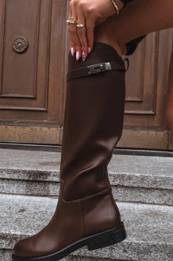 Kozaki Ocieplane|Muszkieterki></noscript>Boto Kozaki Damskie Z Ozdobnym Paskiem Eko Skórzane Czekoladowe Palisse