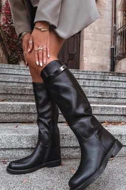 Kozaki Ocieplane|Muszkieterki>Boto Kozaki Damskie Z Ozdobnym Paskiem Eko Skórzane Czarne Palisse