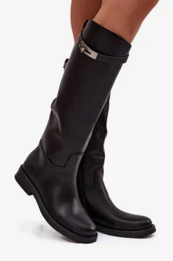 Kozaki Ocieplane|Muszkieterki></noscript>Boto Kozaki Damskie Z Ozdobnym Paskiem Eko Skórzane Czarne Palisse