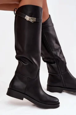 Kozaki Ocieplane|Muszkieterki></noscript>Boto Kozaki Damskie Z Ozdobnym Paskiem Eko Skórzane Czarne Palisse