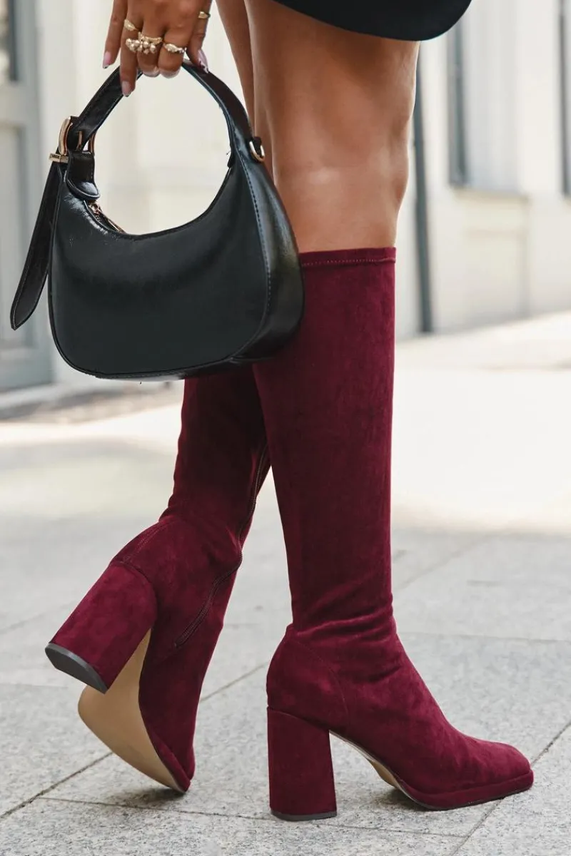 Kozaki Ocieplane|Kozaki Na Słupku>Boto Kozaki Damskie Z Przeszyciami Na Słupkowym Obcasie Bordowe Brivana