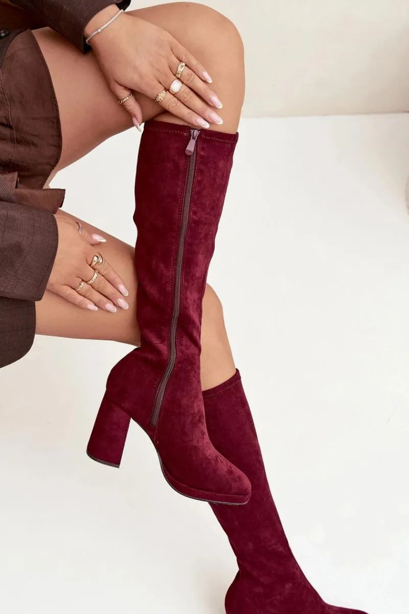 Kozaki Ocieplane|Kozaki Na Słupku>Boto Kozaki Damskie Z Przeszyciami Na Słupkowym Obcasie Bordowe Brivana