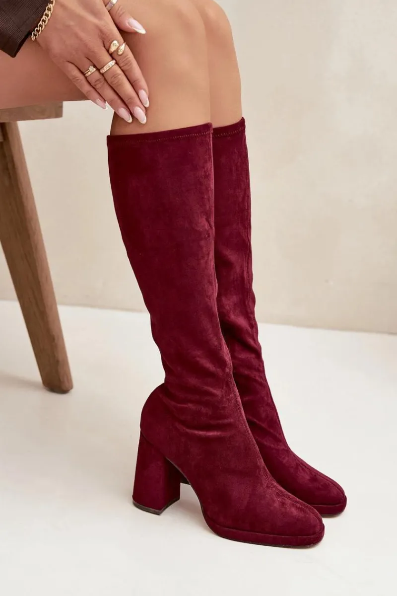 Kozaki Ocieplane|Kozaki Na Słupku>Boto Kozaki Damskie Z Przeszyciami Na Słupkowym Obcasie Bordowe Brivana