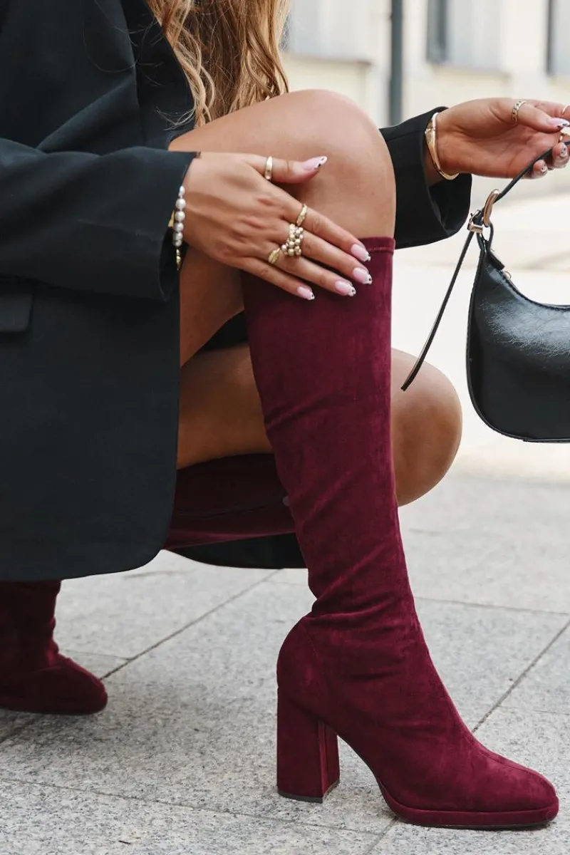 Kozaki Ocieplane|Kozaki Na Słupku>Boto Kozaki Damskie Z Przeszyciami Na Słupkowym Obcasie Bordowe Brivana