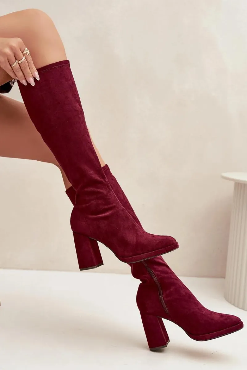 Kozaki Ocieplane|Kozaki Na Słupku>Boto Kozaki Damskie Z Przeszyciami Na Słupkowym Obcasie Bordowe Brivana