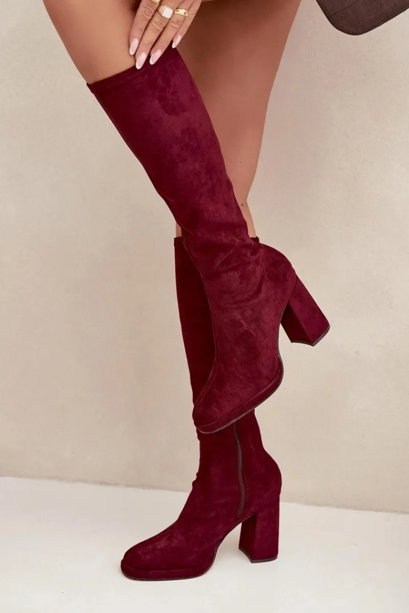 Kozaki Ocieplane|Kozaki Na Słupku>Boto Kozaki Damskie Z Przeszyciami Na Słupkowym Obcasie Bordowe Brivana