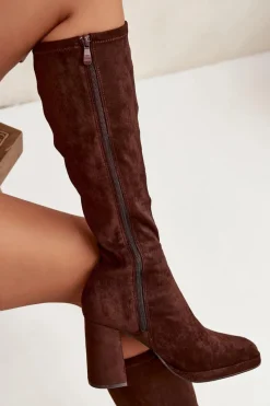 Best Boto Kozaki Damskie Z Przeszyciami Na Słupkowym Obcasie Brązowe Brivana