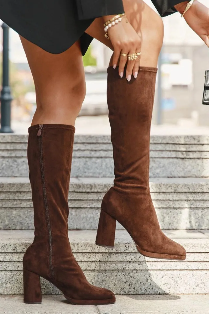 Best Boto Kozaki Damskie Z Przeszyciami Na Słupkowym Obcasie Brązowe Brivana