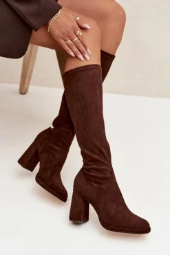 Best Boto Kozaki Damskie Z Przeszyciami Na Słupkowym Obcasie Brązowe Brivana