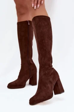 Best Boto Kozaki Damskie Z Przeszyciami Na Słupkowym Obcasie Brązowe Brivana