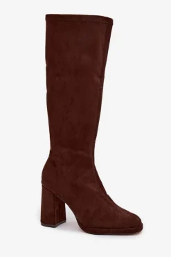 Best Boto Kozaki Damskie Z Przeszyciami Na Słupkowym Obcasie Brązowe Brivana