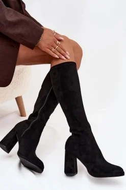 New Kozaki Damskie Z Przeszyciami Na Słupkowym Obcasie Czarne Brivana Damskie Kozaki Ocieplane|Kozaki Na Słupku