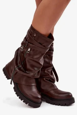 Hot Kozaki Damskie Z Wywiniętą Cholewką Do Połowy Łydki Z Paskiem Czekoladowe Darisa Damskie Kozaki Z Wywiniętą Cholewką|Kozaki Płaskie