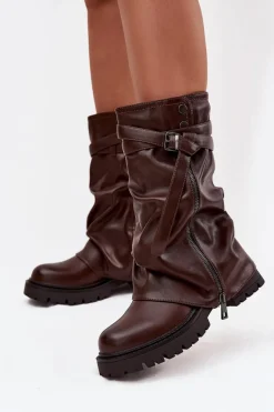 Hot Kozaki Damskie Z Wywiniętą Cholewką Do Połowy Łydki Z Paskiem Czekoladowe Darisa Damskie Kozaki Z Wywiniętą Cholewką|Kozaki Płaskie