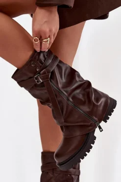 Hot Kozaki Damskie Z Wywiniętą Cholewką Do Połowy Łydki Z Paskiem Czekoladowe Darisa Damskie Kozaki Z Wywiniętą Cholewką|Kozaki Płaskie
