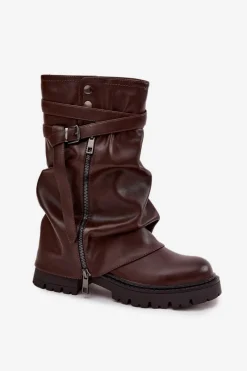 Hot Kozaki Damskie Z Wywiniętą Cholewką Do Połowy Łydki Z Paskiem Czekoladowe Darisa Damskie Kozaki Z Wywiniętą Cholewką|Kozaki Płaskie