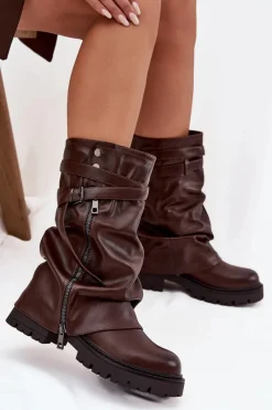 Hot Kozaki Damskie Z Wywiniętą Cholewką Do Połowy Łydki Z Paskiem Czekoladowe Darisa Damskie Kozaki Z Wywiniętą Cholewką|Kozaki Płaskie