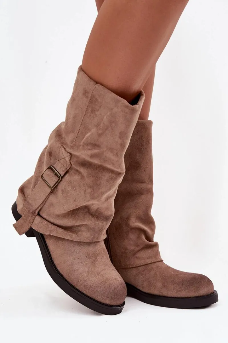 Kozaki Z Wywiniętą Cholewką|Kozaki Płaskie>Boto Kozaki Damskie Z Wywiniętą Cholewką Do Połowy Łydki Z Klamrą Khaki Minelle Beżowy