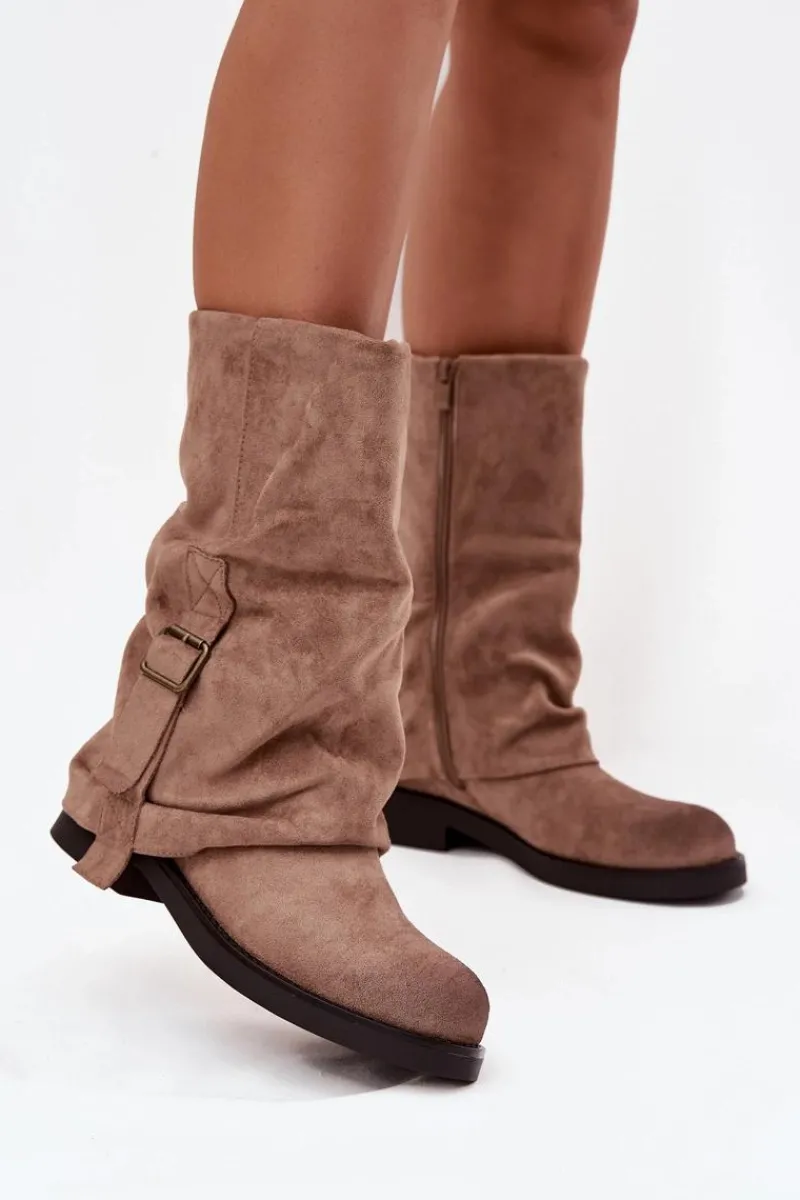 Kozaki Z Wywiniętą Cholewką|Kozaki Płaskie>Boto Kozaki Damskie Z Wywiniętą Cholewką Do Połowy Łydki Z Klamrą Khaki Minelle Beżowy