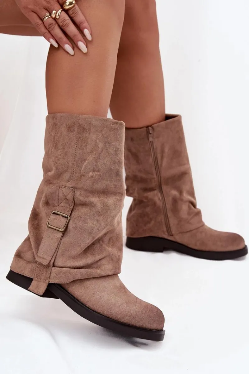 Kozaki Z Wywiniętą Cholewką|Kozaki Płaskie>Boto Kozaki Damskie Z Wywiniętą Cholewką Do Połowy Łydki Z Klamrą Khaki Minelle Beżowy