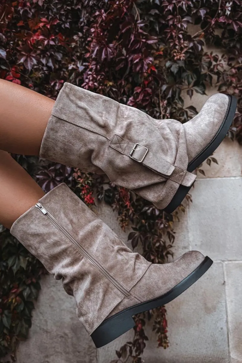 Kozaki Z Wywiniętą Cholewką|Kozaki Płaskie>Boto Kozaki Damskie Z Wywiniętą Cholewką Do Połowy Łydki Z Klamrą Khaki Minelle Beżowy