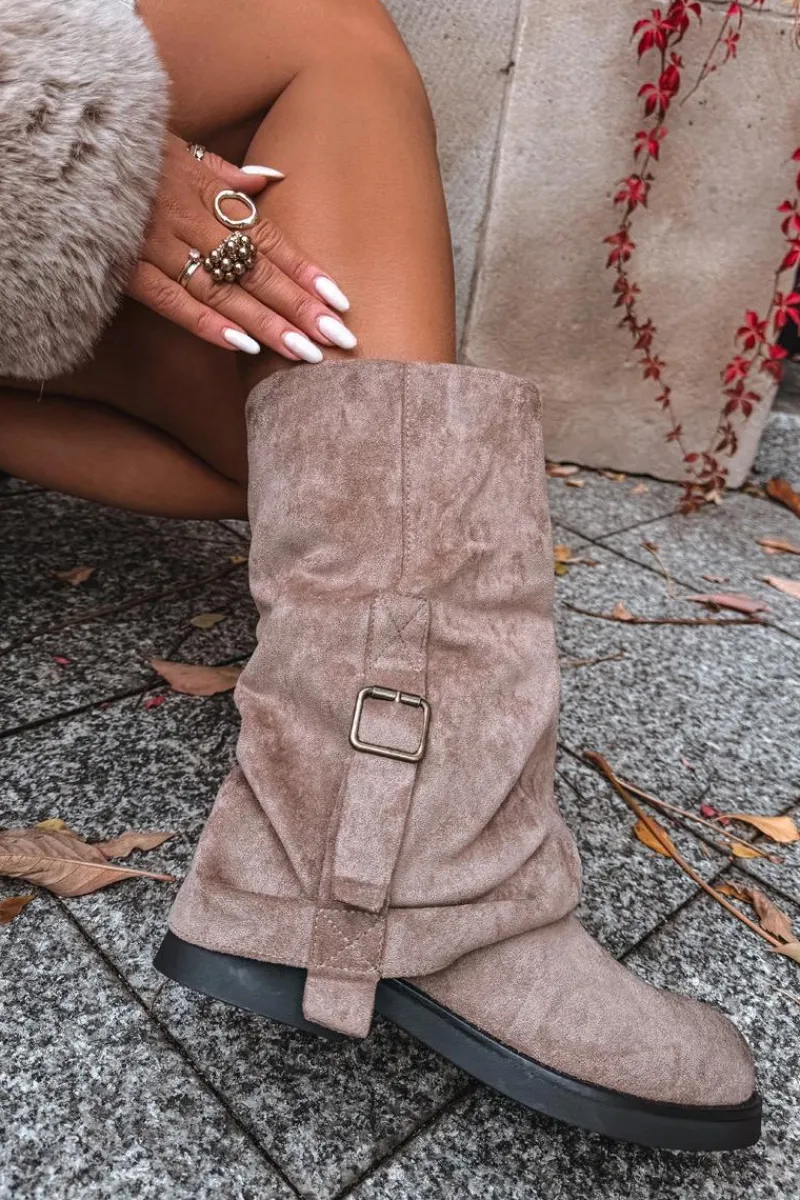 Kozaki Z Wywiniętą Cholewką|Kozaki Płaskie>Boto Kozaki Damskie Z Wywiniętą Cholewką Do Połowy Łydki Z Klamrą Khaki Minelle Beżowy