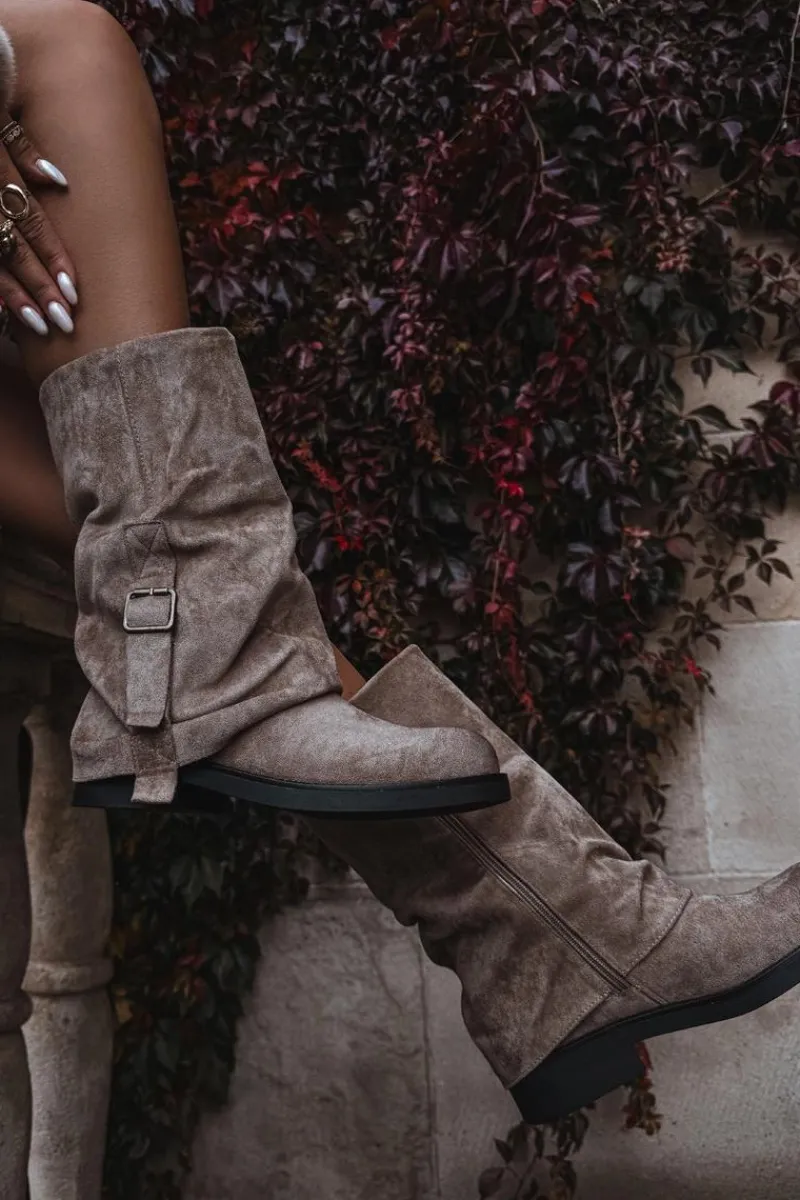 Kozaki Z Wywiniętą Cholewką|Kozaki Płaskie>Boto Kozaki Damskie Z Wywiniętą Cholewką Do Połowy Łydki Z Klamrą Khaki Minelle Beżowy