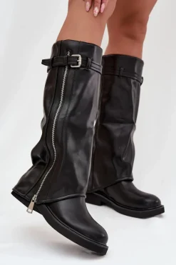 Kozaki Ocieplane|Kozaki Płaskie>Boto Kozaki Damskie Z Wywiniętą Cholewką Klamrą I Srebrnym Zamkiem Ocieplane Czarne Bressa Czarny