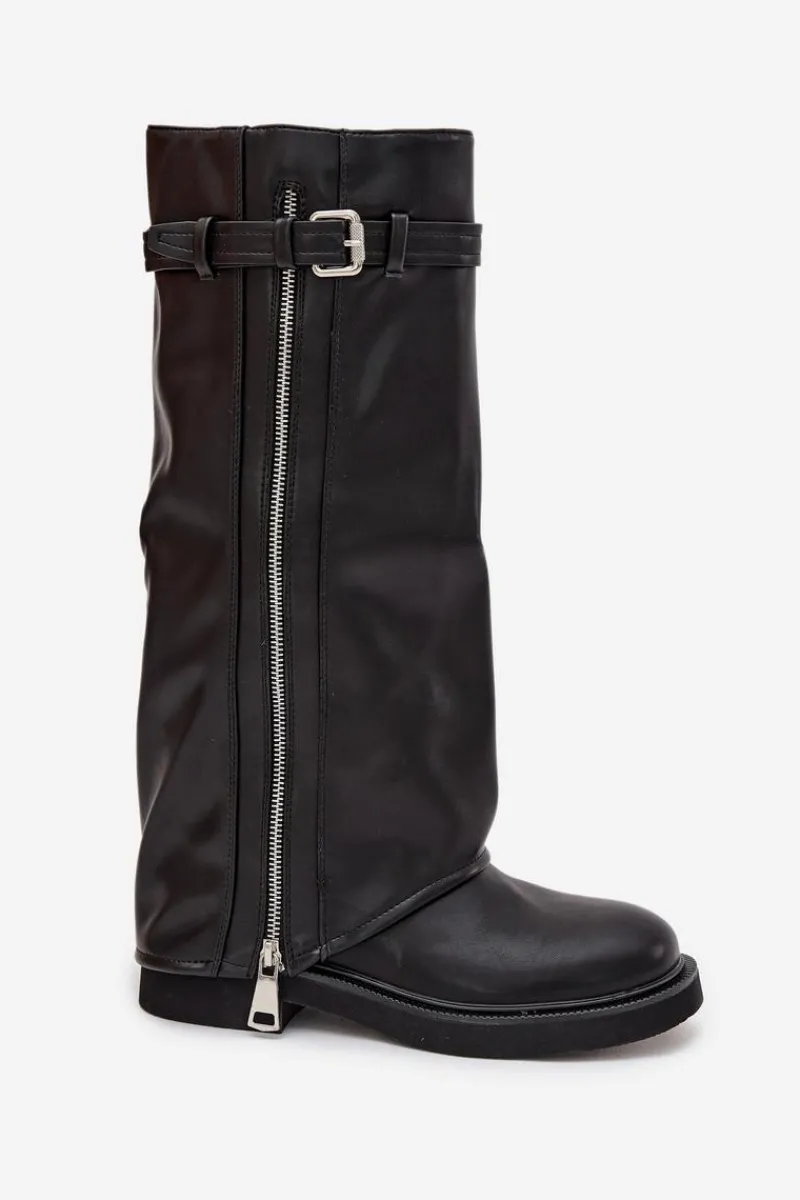 Kozaki Ocieplane|Kozaki Płaskie>Boto Kozaki Damskie Z Wywiniętą Cholewką Klamrą I Srebrnym Zamkiem Ocieplane Czarne Bressa Czarny