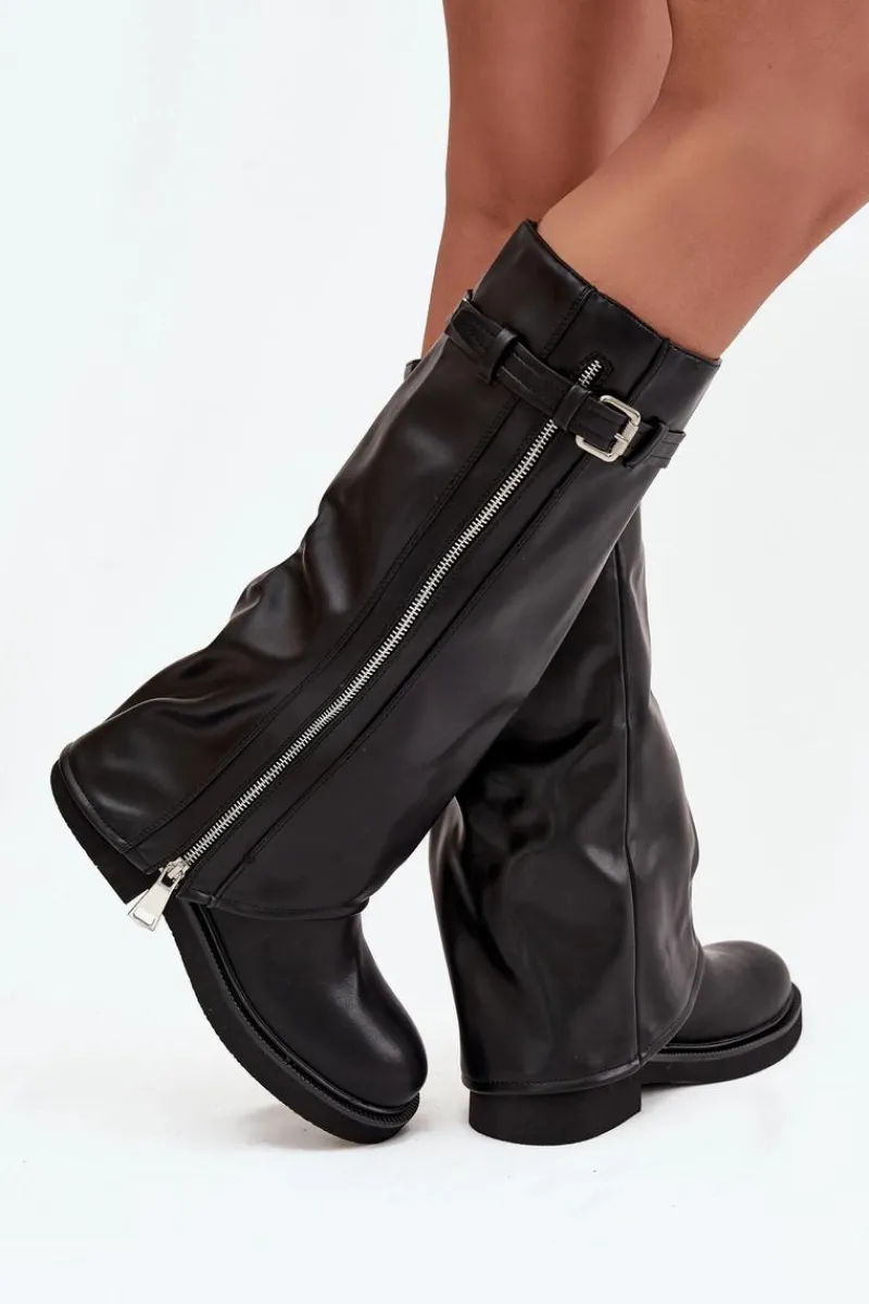 Kozaki Ocieplane|Kozaki Płaskie>Boto Kozaki Damskie Z Wywiniętą Cholewką Klamrą I Srebrnym Zamkiem Ocieplane Czarne Bressa Czarny