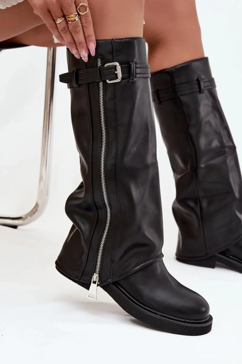 Kozaki Ocieplane|Kozaki Płaskie>Boto Kozaki Damskie Z Wywiniętą Cholewką Klamrą I Srebrnym Zamkiem Ocieplane Czarne Bressa Czarny