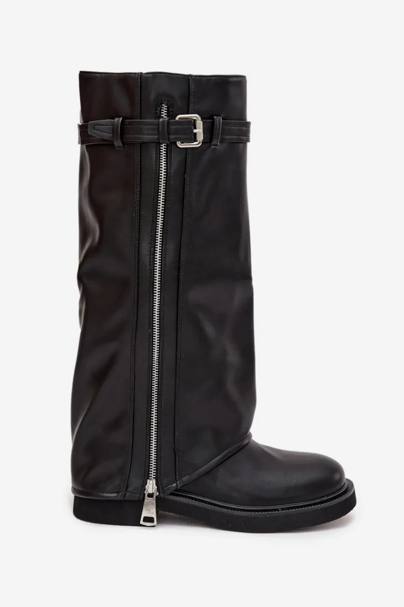 Kozaki Ocieplane|Kozaki Płaskie>Boto Kozaki Damskie Z Wywiniętą Cholewką Klamrą I Srebrnym Zamkiem Ocieplane Czarne Bressa Czarny