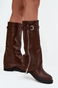 Outlet Kozaki Damskie Z Wywiniętą Cholewką Klamrą I Srebrnym Zamkiem Ocieplane Brązowe Bressa Damskie Kozaki Ocieplane|Kozaki Płaskie